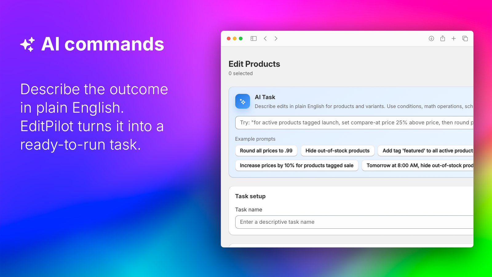 AI Commands — Describe edits in plain English and EditPilot builds the task