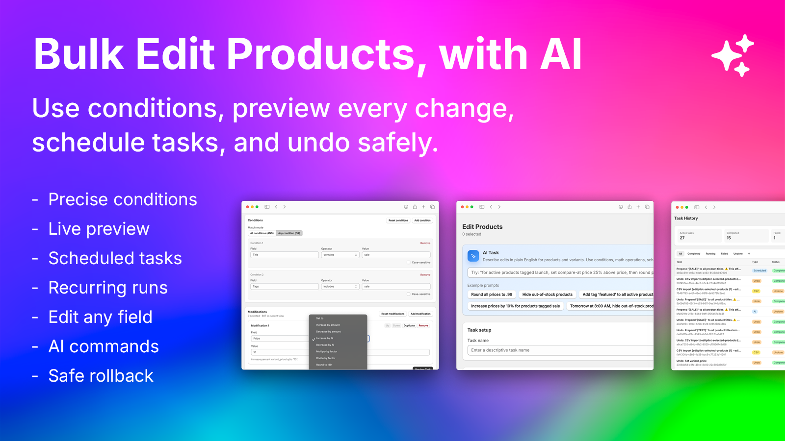 EditPilot overview — Bulk edit products with AI, live preview, and safe rollback